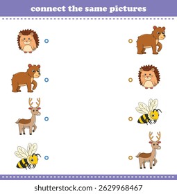Jogo de educação para crianças conectar a mesma imagem de desenhos animados bonitos selvagem animal imprimível. Ilustração de vetor