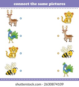 Education game for children connect the same picture of cute cartoon wild animal printable. Vector Illustration