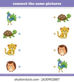Education game for children connect the same picture of cute cartoon wild animal printable. Vector Illustration