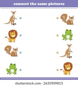 Education game for children connect the same picture of cute cartoon wild animal printable. Vector Illustration