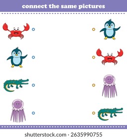 Education game for children connect the same picture of cute cartoon wild animal printable. Vector Illustration