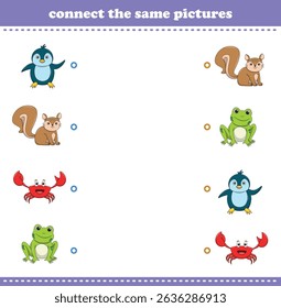 Education game for children connect the same picture of cute cartoon wild animal printable. Vector Illustration