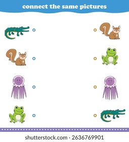 Jogo de educação para crianças conectar a mesma imagem de desenhos animados bonitos selvagem animal imprimível. Ilustração de vetor