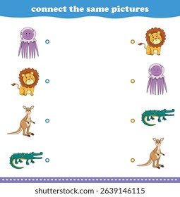 Education game for children connect the same picture of cute cartoon wild animal printable. Vector Illustration