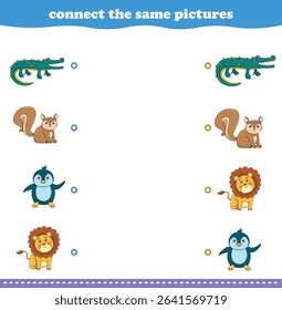 Education game for children connect the same picture of cute cartoon wild animal printable. Vector Illustration