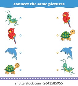 Education game for children connect the same picture of cute cartoon wild animal printable. Vector Illustration
