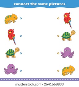 Education game for children connect the same picture of cute cartoon wild animal printable. Vector Illustration