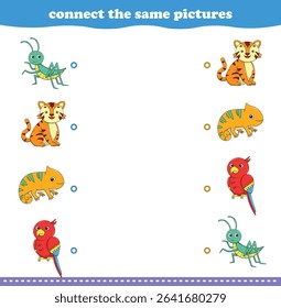 Education game for children connect the same picture of cute cartoon wild animal printable. Vector Illustration