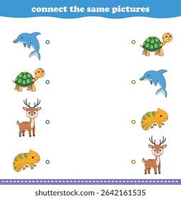 Education game for children connect the same picture of cute cartoon wild animal printable. Vector Illustration
