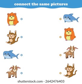 Education game for children connect the same picture of cute cartoon wild animal printable. Vector Illustration