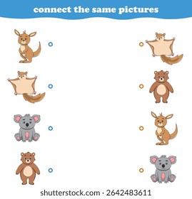 Education game for children connect the same picture of cute cartoon wild animal printable. Vector Illustration