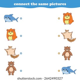 Education game for children connect the same picture of cute cartoon wild animal printable. Vector Illustration