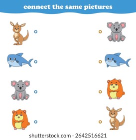 Jogo de educação para crianças conectar a mesma imagem de desenhos animados bonitos selvagem animal imprimível. Ilustração de vetor