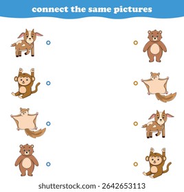 Jogo de educação para crianças conectar a mesma imagem de desenhos animados bonitos selvagem animal imprimível. Ilustração de vetor
