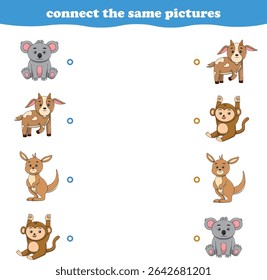 Education game for children connect the same picture of cute cartoon wild animal printable. Vector Illustration