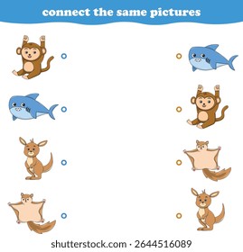 Education game for children connect the same picture of cute cartoon wild animal printable. Vector Illustration