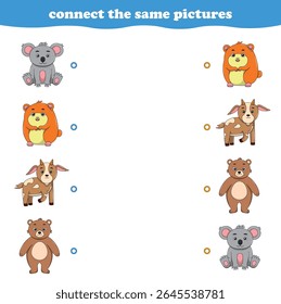Jogo de educação para crianças conectar a mesma imagem de desenhos animados bonitos selvagem animal imprimível. Ilustração de vetor