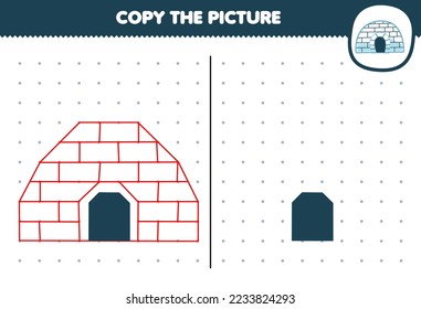 Juego de educación para niños copia tierno dibujo de iglú de dibujos animados conectando la hoja de cálculo de invierno con puntos imprimibles