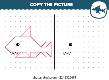 Education game for children copy cute cartoon shark picture by connecting the dot printable underwater worksheet