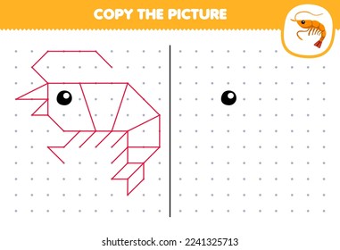 Erziehungsspiel für Kinder kopieren süßes Cartoon-Garnelenbild, indem sie das dotdruckfähige Unterwasser-Arbeitsblatt verbinden