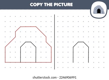 Education game for children copy cute cartoon cave picture by connecting the dot printable nature worksheet