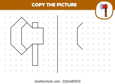 Juego de educación para niños copiar una imagen del hacha de dibujos animados lindo conectando la hoja de trabajo de la herramienta imprimible de puntos