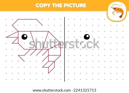 Education game for children copy cute cartoon shrimp picture by connecting the dot printable underwater worksheet