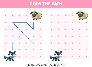 Education game for children copy the path help wolf move to the sheep printable animal worksheet