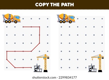Education game for children copy the path help concrete mixer truck move to the building site printable transportation worksheet