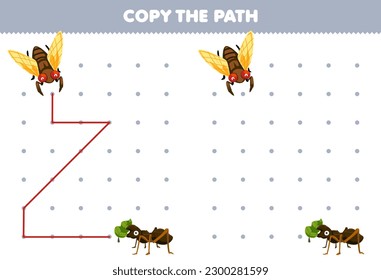 El juego de educación para niños copia la ruta de acceso ayuda a que la cigarra se mueva a la hoja de cálculo de error imprimible de hormiga