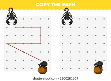 Education game for children copy the path help scorpion move to the dung beetle printable bug worksheet