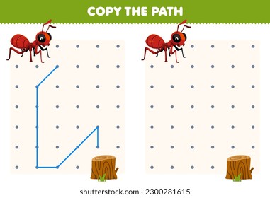 Education game for children copy the path help ant move to the wood log printable bug worksheet