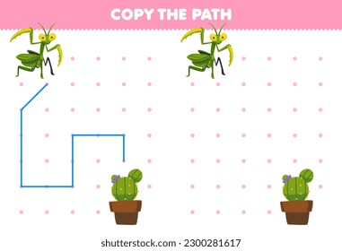 Education game for children copy the path help mantis move to the cactus printable bug worksheet