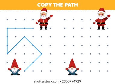 Education game for children copy the path help dwarf move to the santa printable winter worksheet