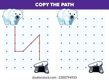 Education game for children copy the path help polar bear move to the den printable winter worksheet