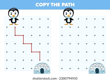 Education game for children copy the path help penguin move to the igloo printable winter worksheet