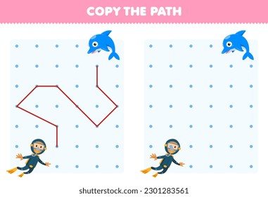 Education game for children copy the path help diver move to the dolphin printable underwater worksheet