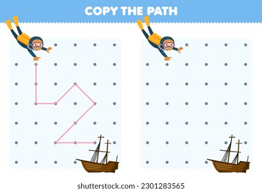Education game for children copy the path help diver move to the wrecked ship printable underwater worksheet