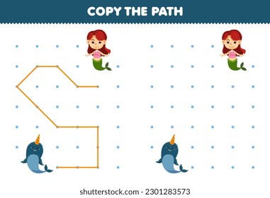 Erziehungsspiel für Kinder kopieren den Pfad Hilfe Narwal Umzug auf die Meerjungfrau druckbare Unterwasser-Tabelle