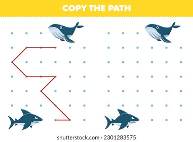 El juego de educación para niños copia el camino que ayuda a los tiburones a moverse a la hoja de cálculo submarina imprimible para ballenas