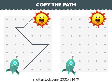 Education game for children copy the path help rocket move to the sun printable solar system worksheet