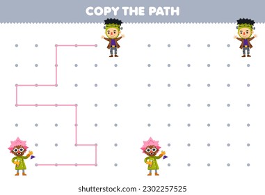 Education game for children copy the path help pink hair scientist move to the frankenstein printable halloween worksheet