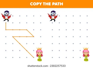 Education game for children copy the path help dracula move to the princess printable halloween worksheet