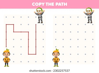 Education game for children copy the path help pumpkin boy move to the skeleton boy costume printable halloween worksheet
