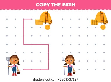 Education game for children copy the path help farmer girl move to the hay printable farm worksheet