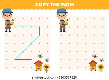 Education game for children copy the path help honey farmer move to the beehive and sunflower printable farm worksheet