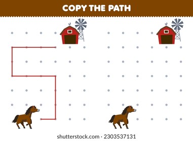 Education game for children copy the path help horse move to the barn and windmill printable farm worksheet