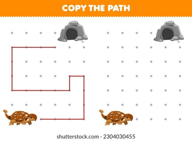 Education game for children copy the path help ankylosaurus move to the cave printable prehistoric dinosaur worksheet