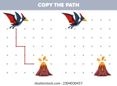 Erziehungsspiel für Kinder kopieren den Pfad Hilfe pteranodon bewegen zu den Vulkan druckbaren prähistorischen Dinosaurier-Arbeitsblatt