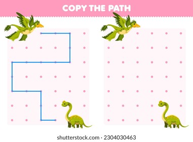Education game for children copy the path help microraptor move to the ultrasaurus printable prehistoric dinosaur worksheet